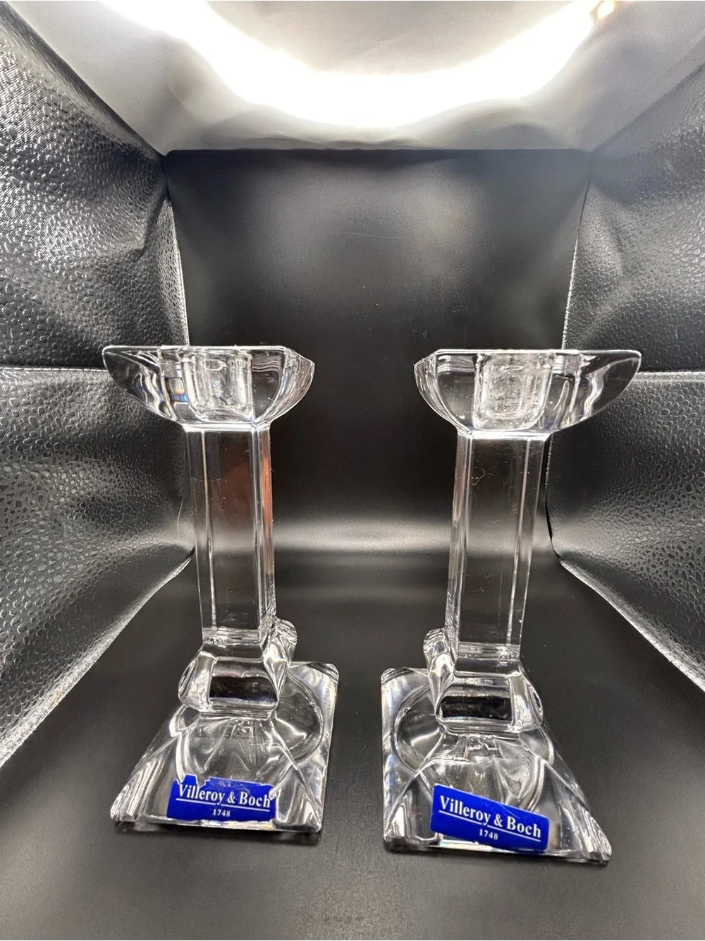 Villeroy & Boch Crystal Candlestick Holders Hexagonal Top Square Base Set of 2